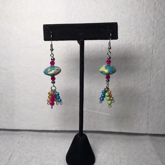 Handmade Women’s UFO Inspired Earrings Blue & Multicolor Dangle Boho - Picture 1 of 4